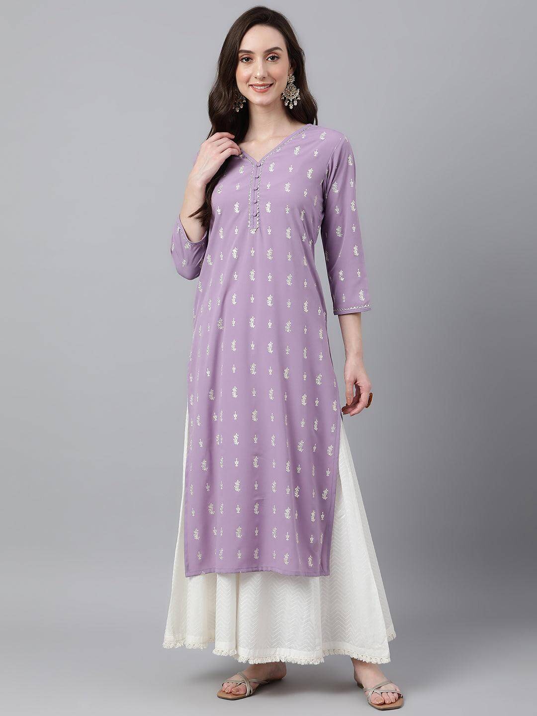 Lavender Crepe Foil Print Straight Kurta