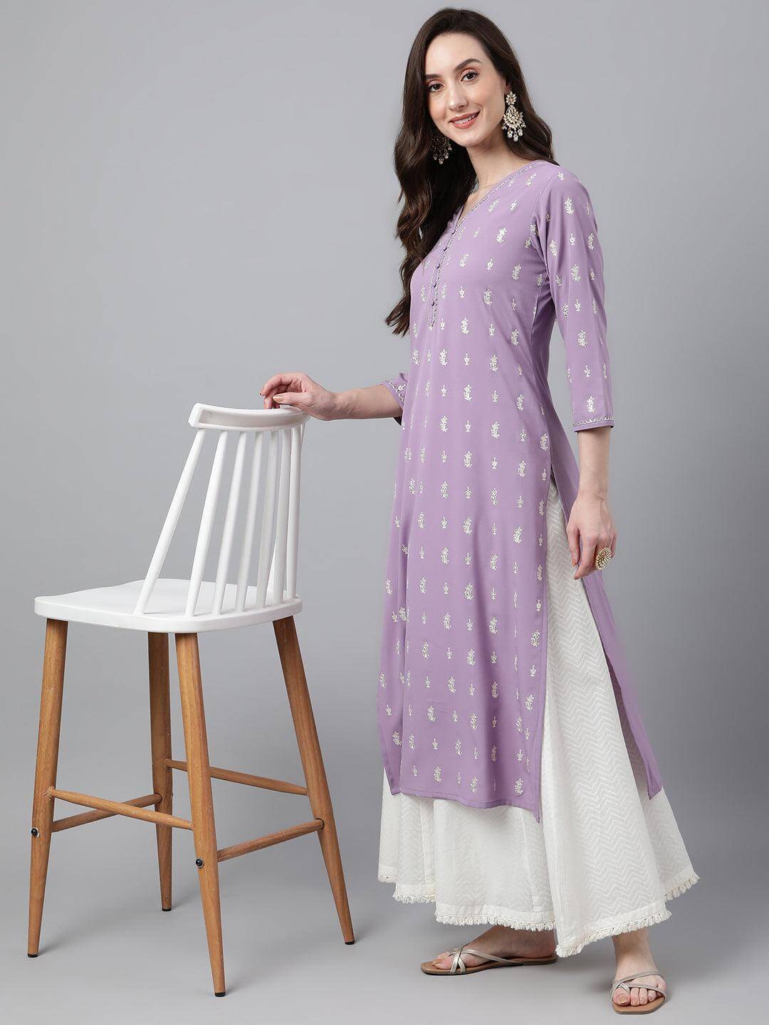 Lavender Crepe Foil Print Straight Kurta