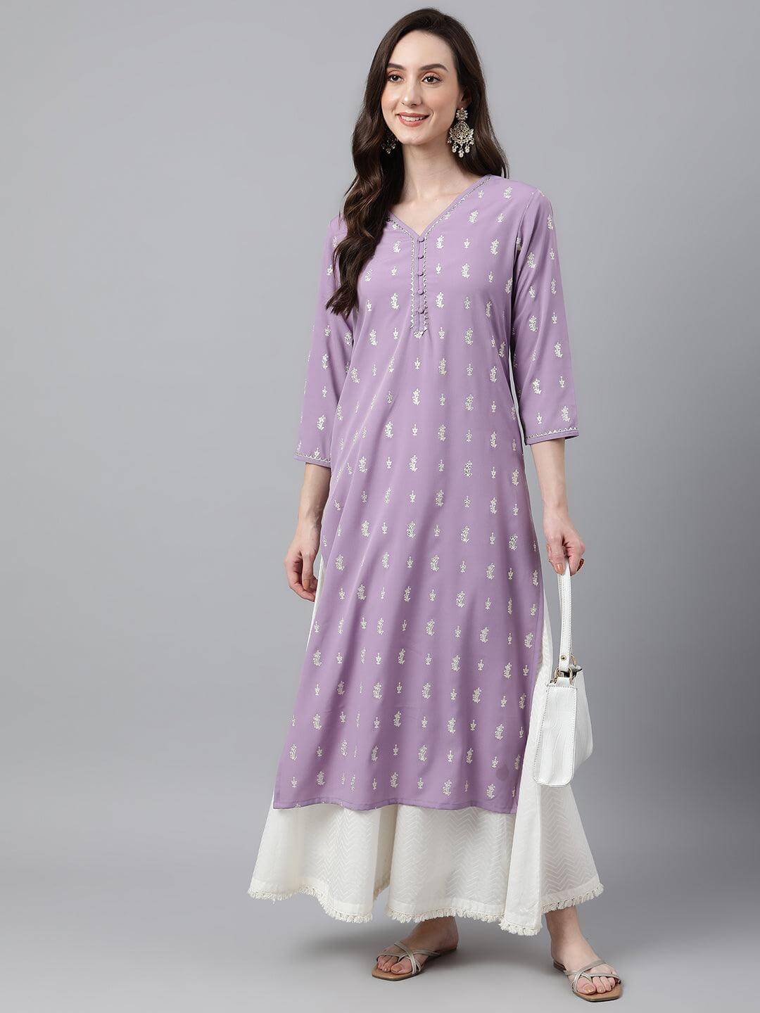 Lavender Crepe Foil Print Straight Kurta