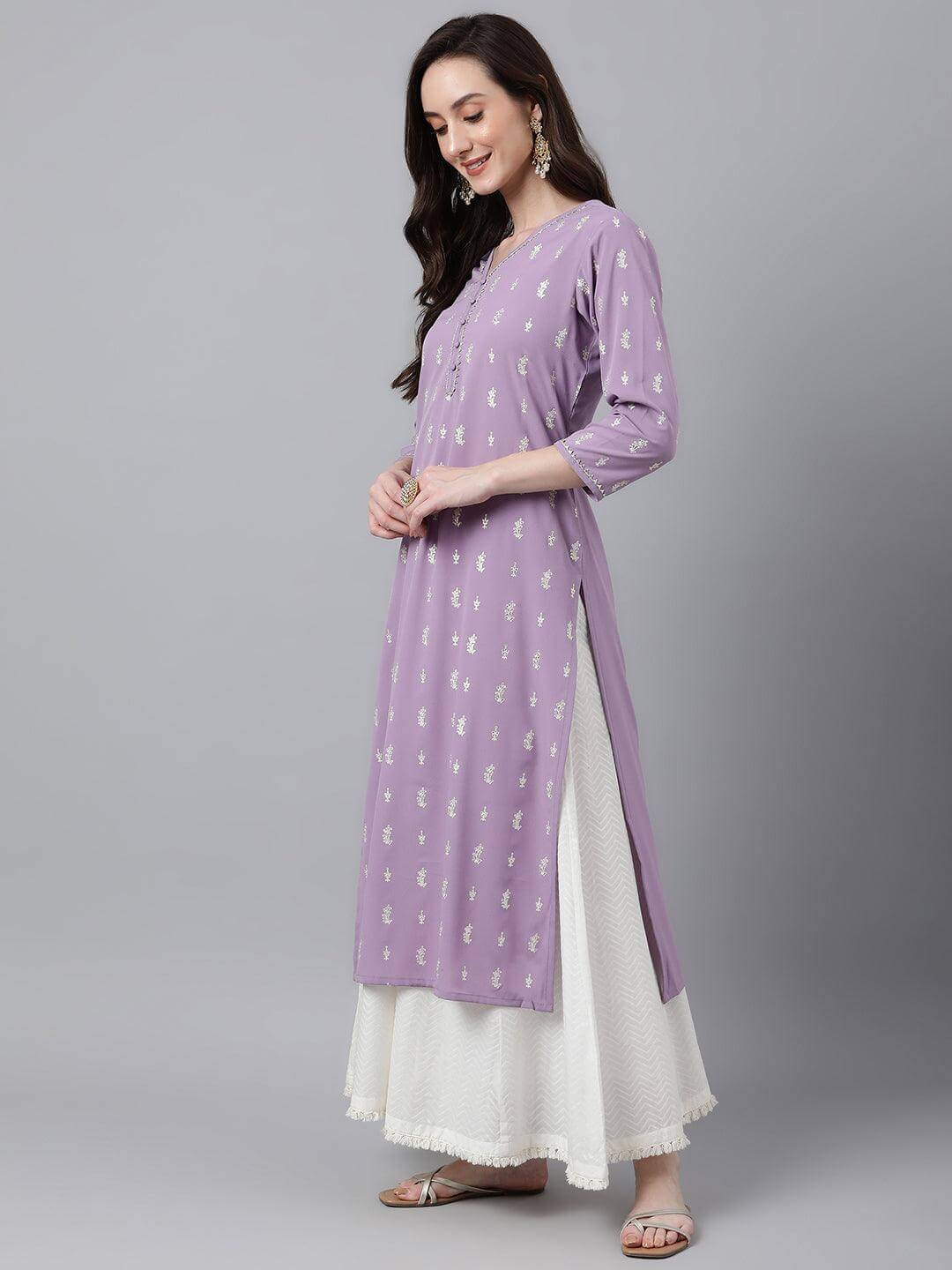 Lavender Crepe Foil Print Straight Kurta