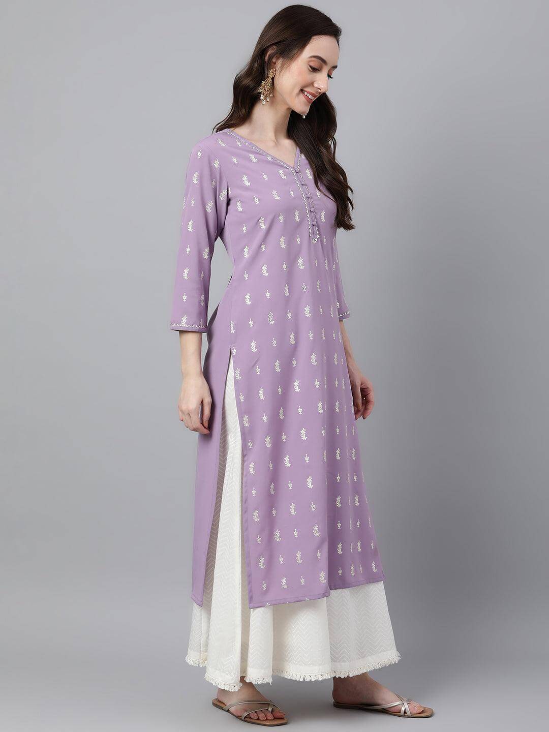 Lavender Crepe Foil Print Straight Kurta