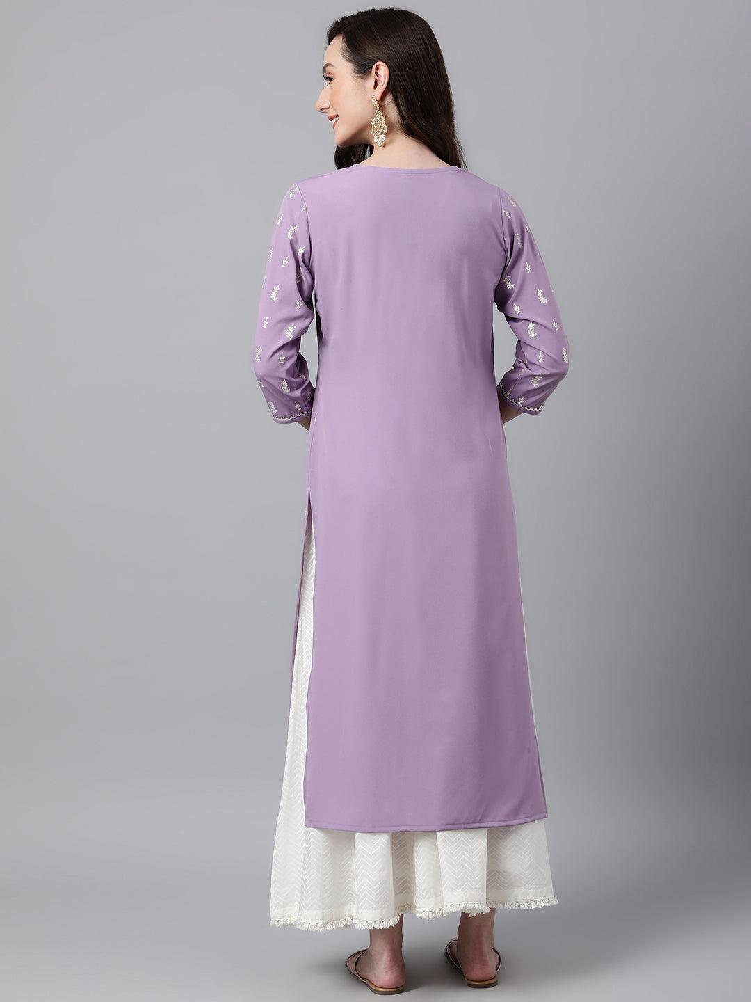 Lavender Crepe Foil Print Straight Kurta