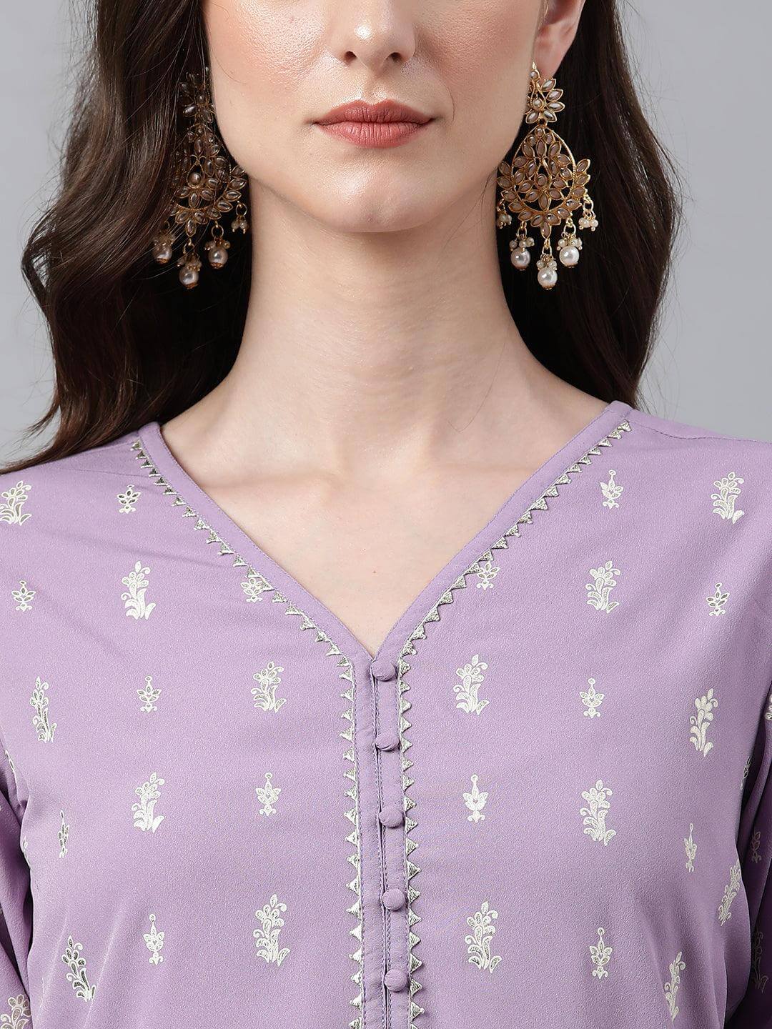 Lavender Crepe Foil Print Straight Kurta