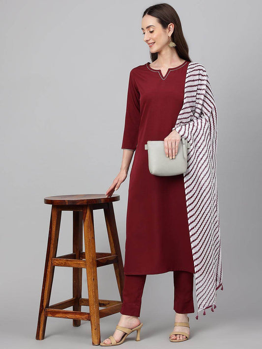 Maroon Crepe Solid Kurta with Pant and Dupatta