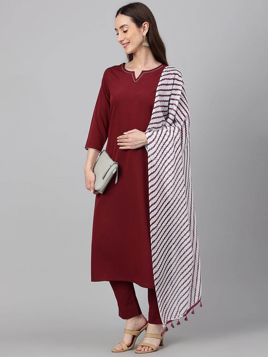 Maroon Crepe Solid Kurta with Pant and Dupatta