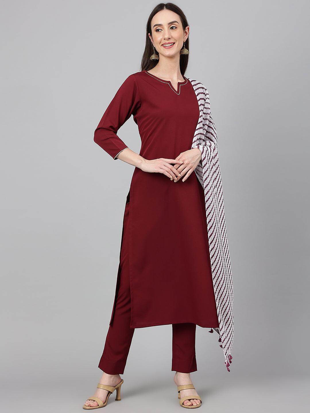 Maroon Crepe Solid Kurta with Pant and Dupatta