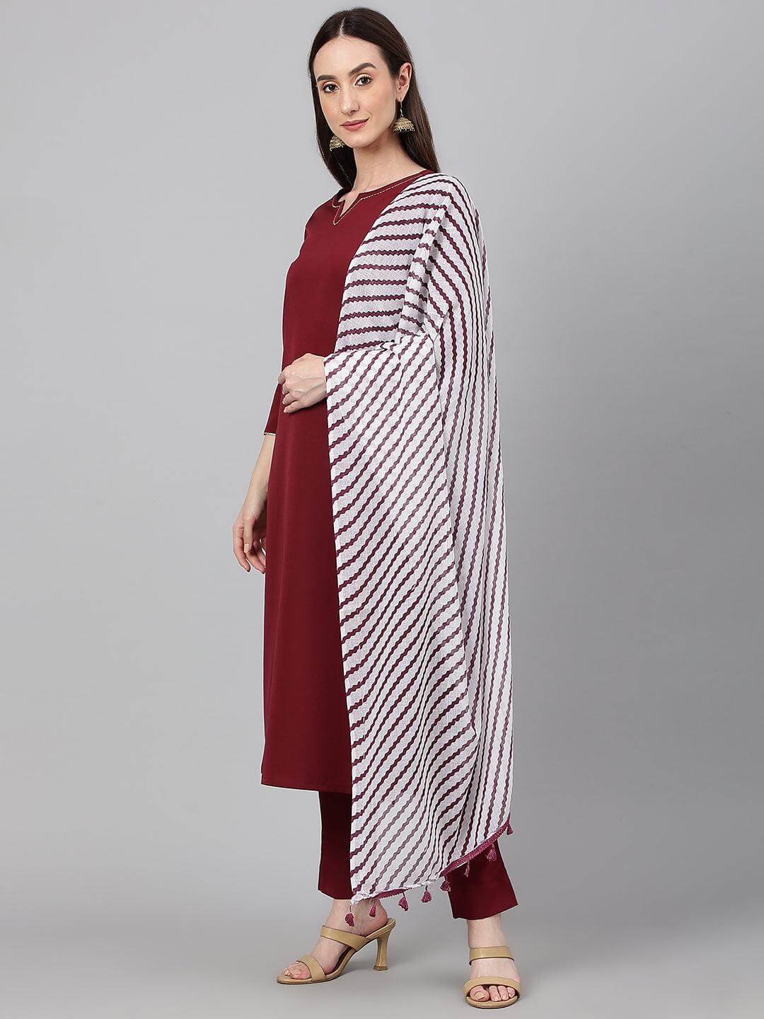 Maroon Crepe Solid Kurta with Pant and Dupatta