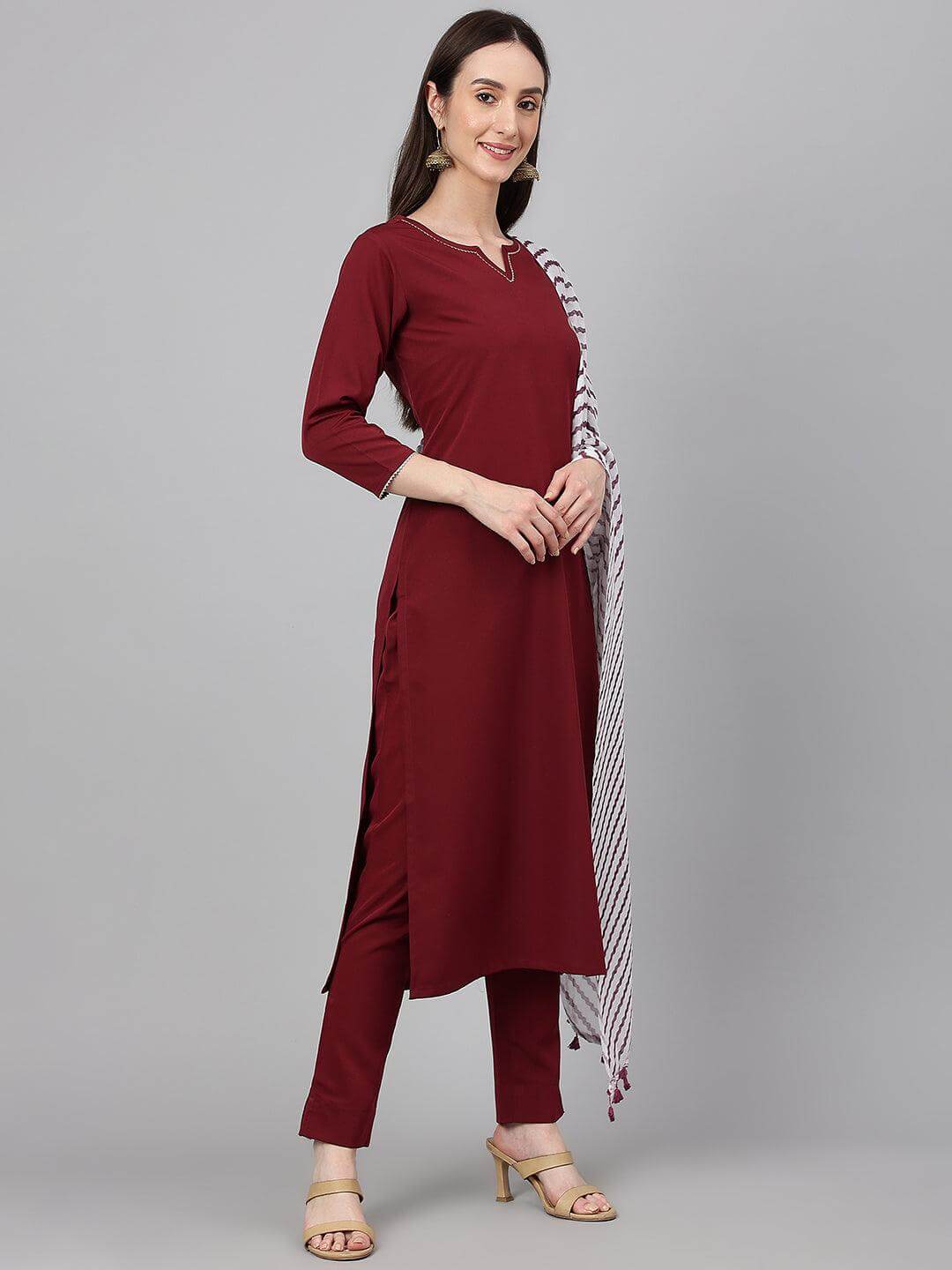 Maroon Crepe Solid Kurta with Pant and Dupatta