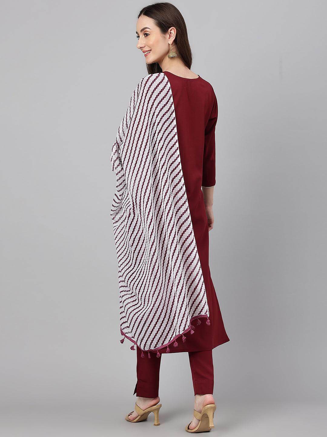 Maroon Crepe Solid Kurta with Pant and Dupatta