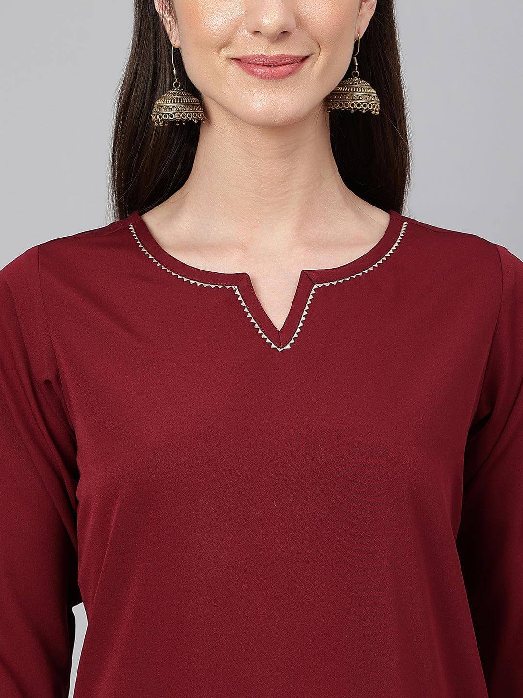 Maroon Crepe Solid Kurta with Pant and Dupatta