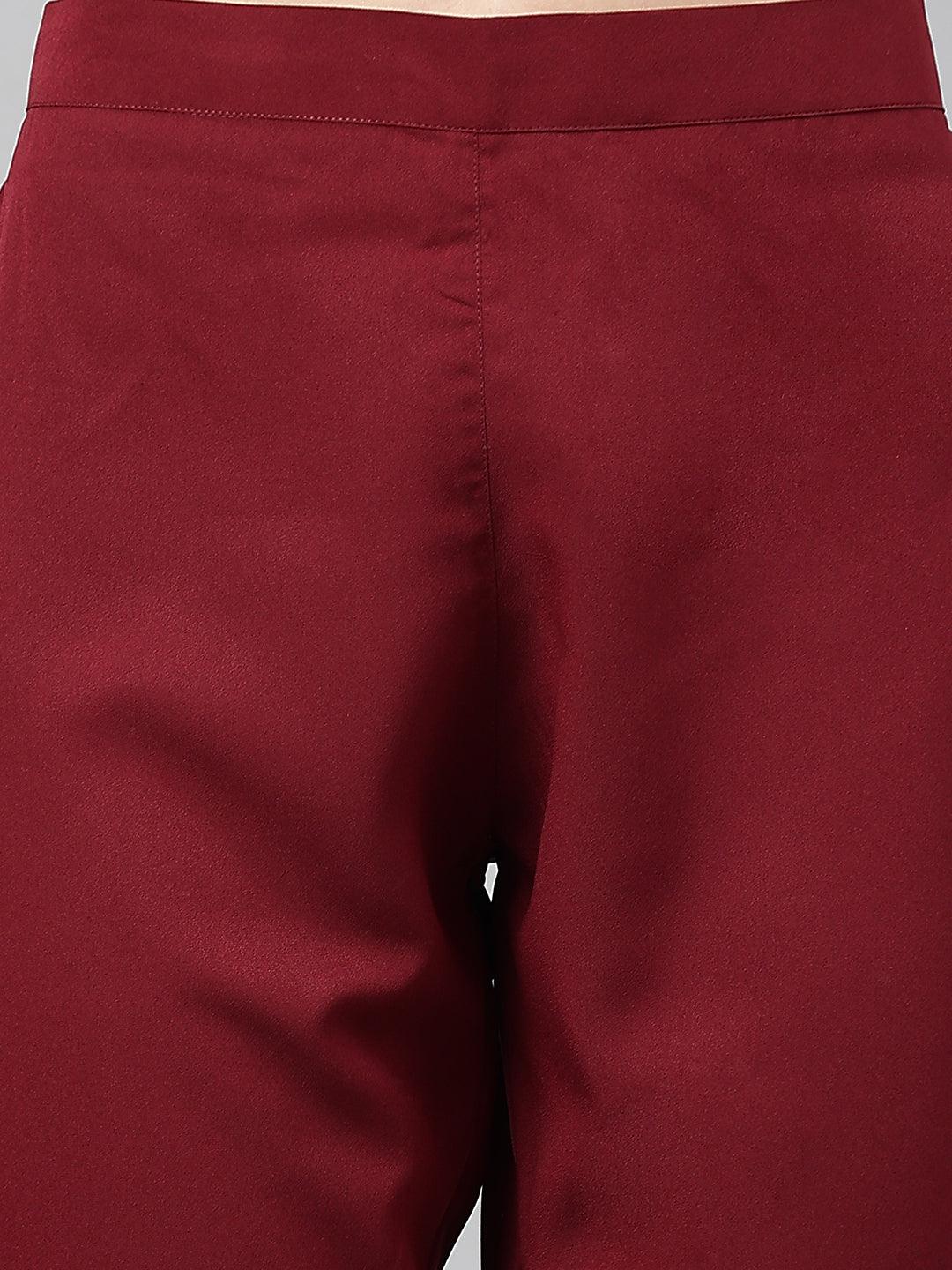 Maroon Crepe Solid Kurta with Pant and Dupatta