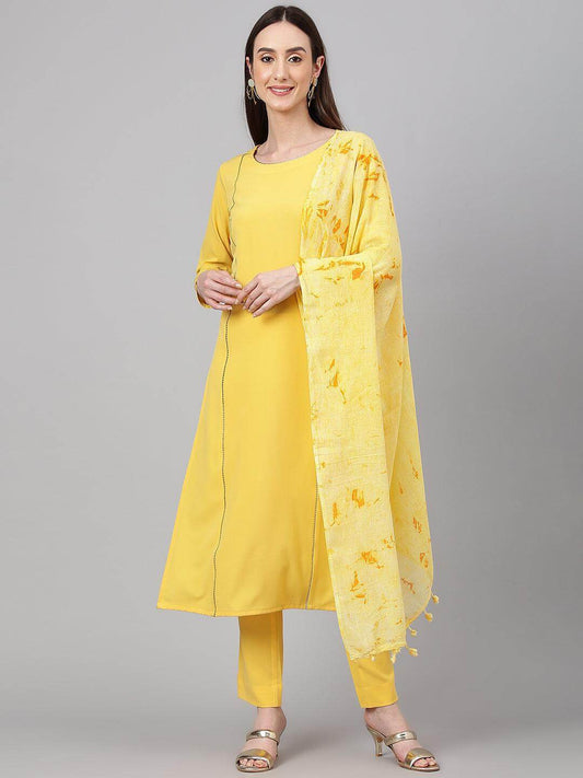 Yellow Crepe Solid Kurta with Pant and Dupatta