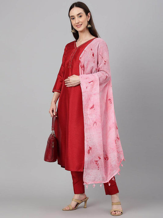 Maroon Crepe Silk Solid Kurta with Pant and Dupatta