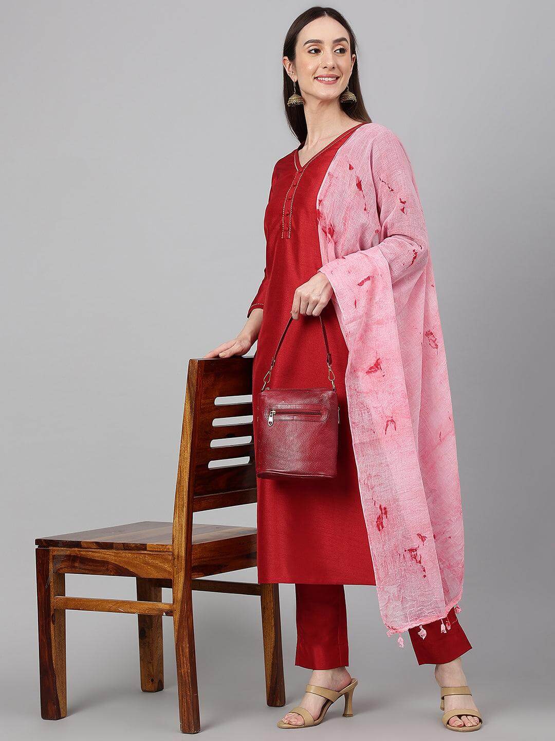 Maroon Crepe Silk Solid Kurta with Pant and Dupatta