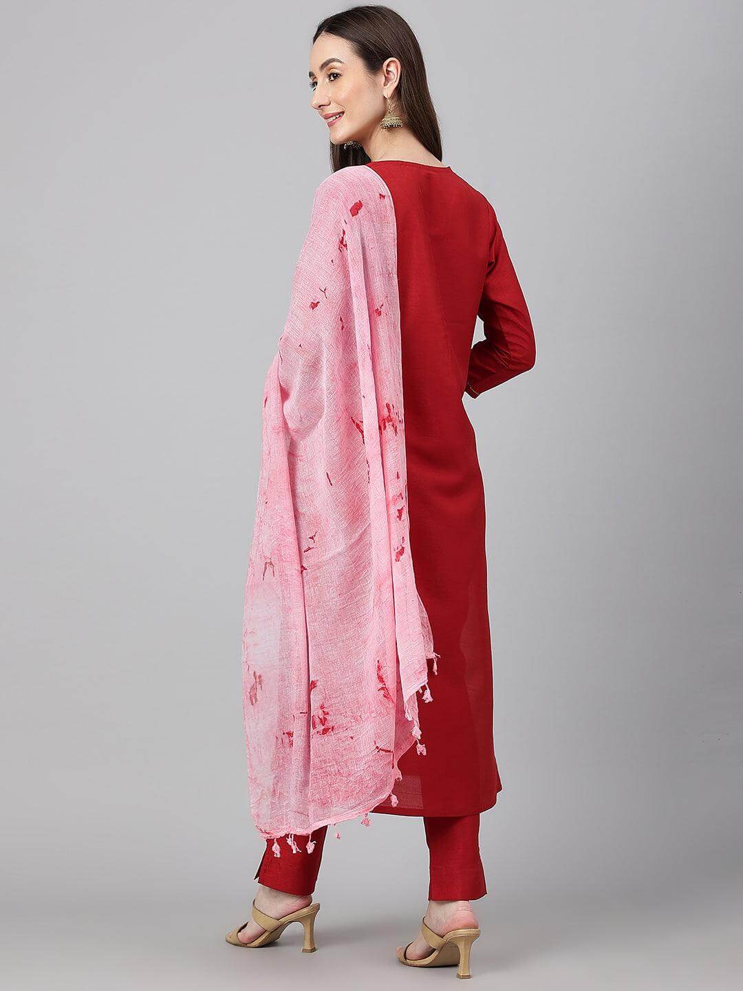 Maroon Crepe Silk Solid Kurta with Pant and Dupatta