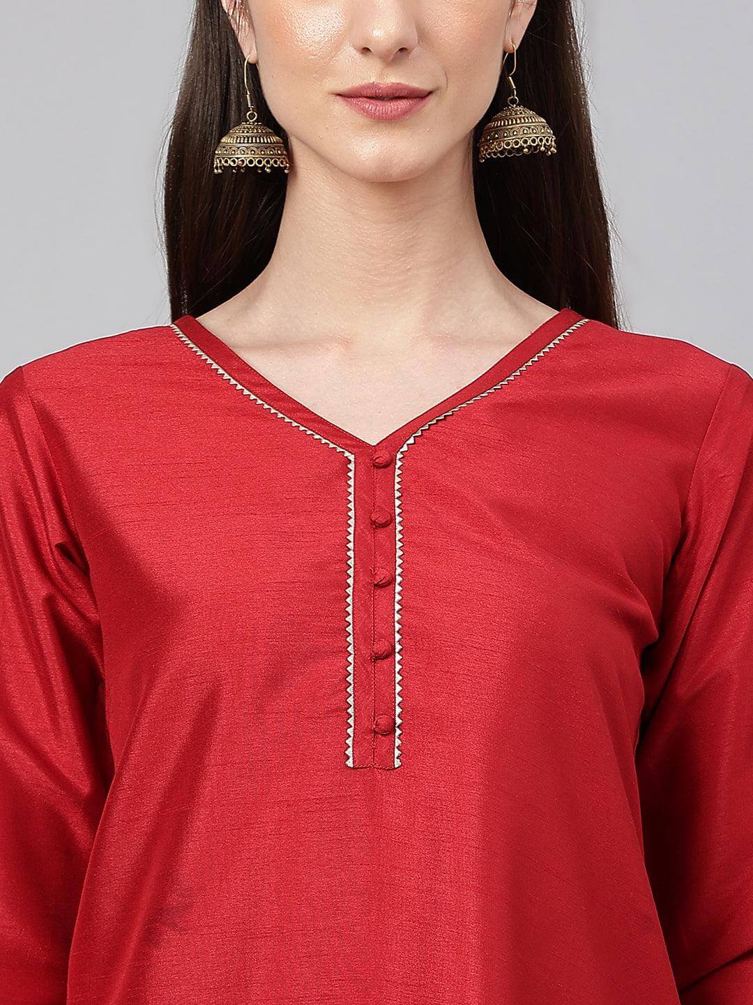 Maroon Crepe Silk Solid Kurta with Pant and Dupatta