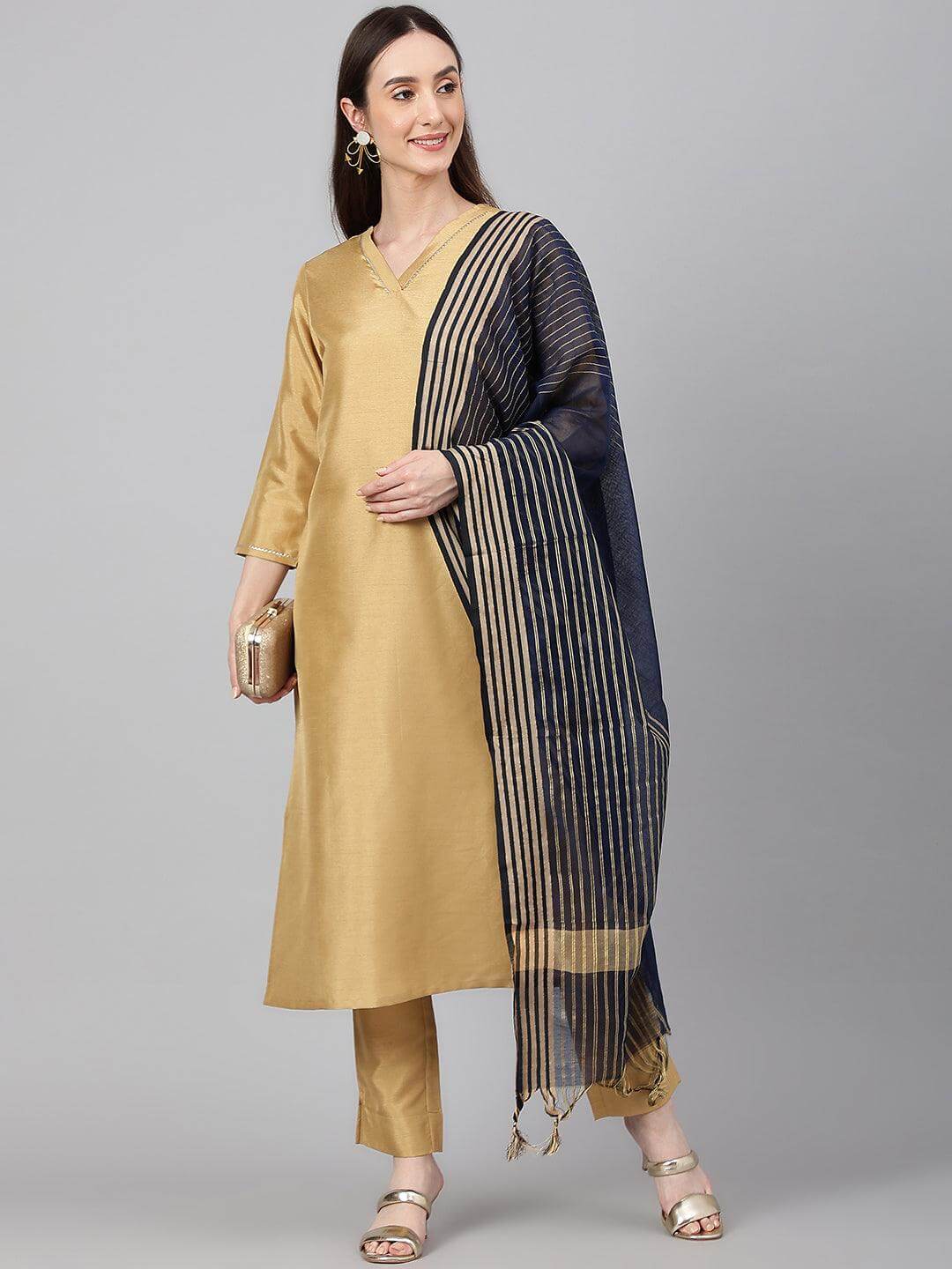 Gold Crepe Silk Solid Kurta with Pant and Dupatta