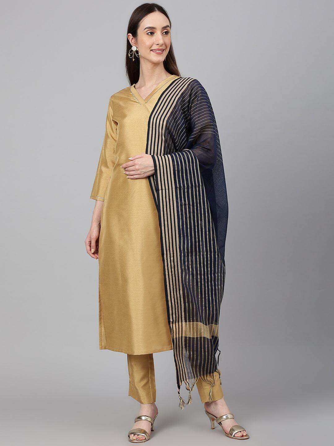 Gold Crepe Silk Solid Kurta with Pant and Dupatta