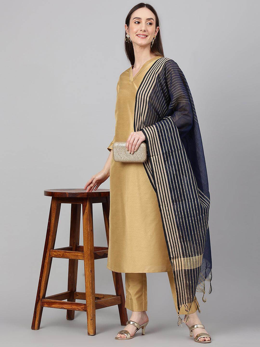 Gold Crepe Silk Solid Kurta with Pant and Dupatta