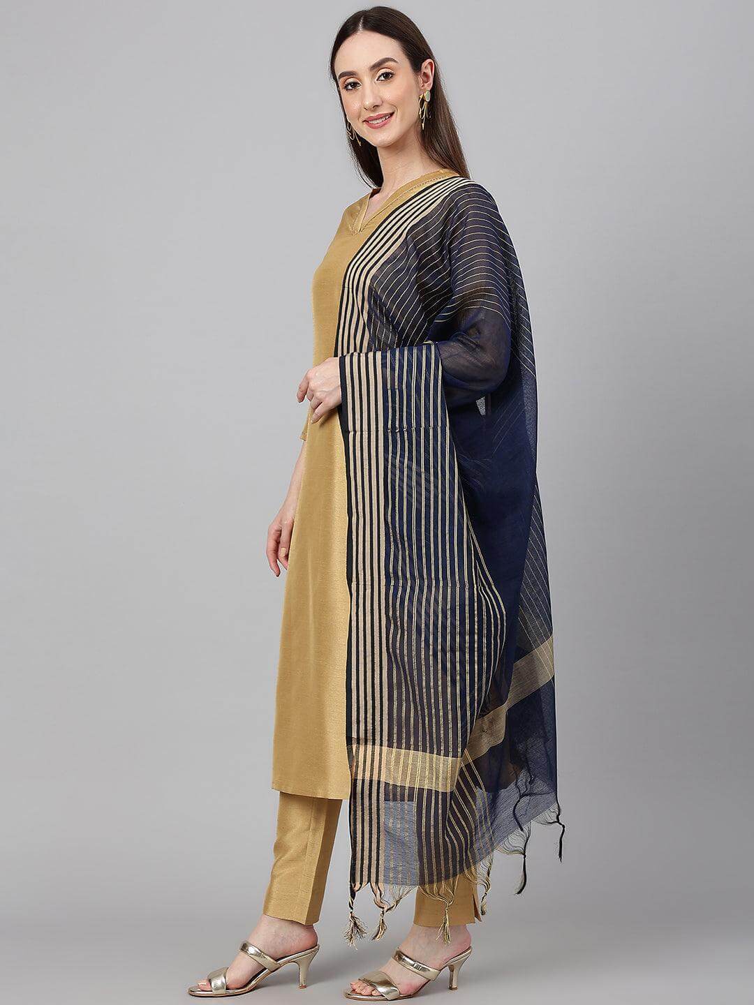 Gold Crepe Silk Solid Kurta with Pant and Dupatta