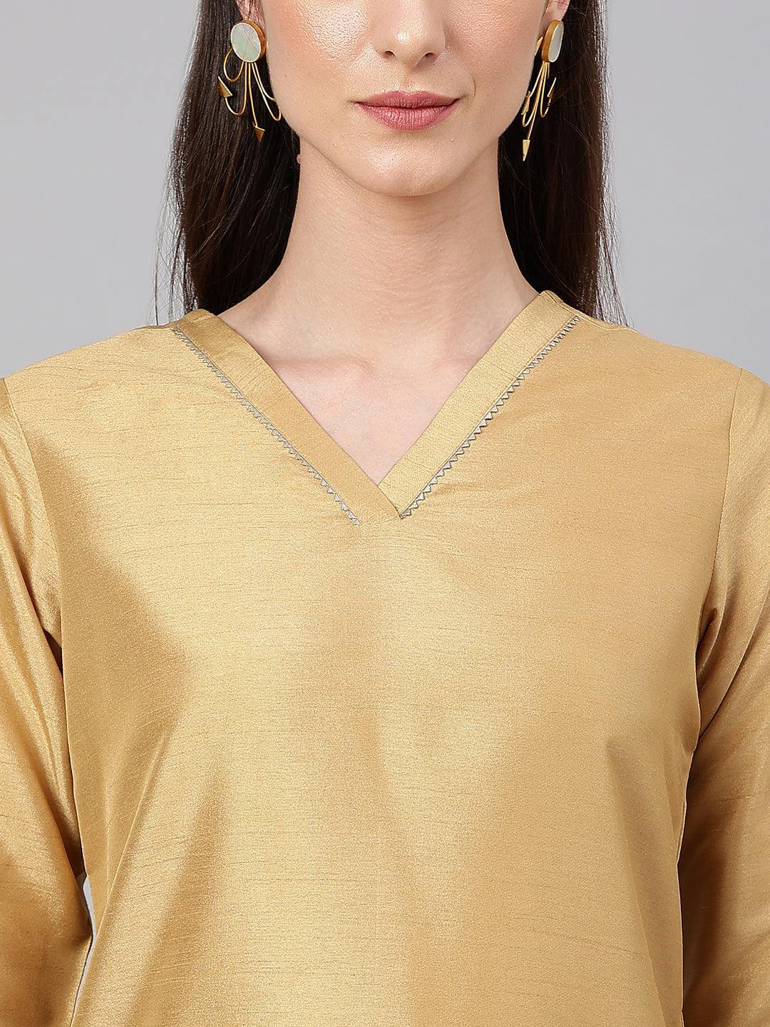 Gold Crepe Silk Solid Kurta with Pant and Dupatta