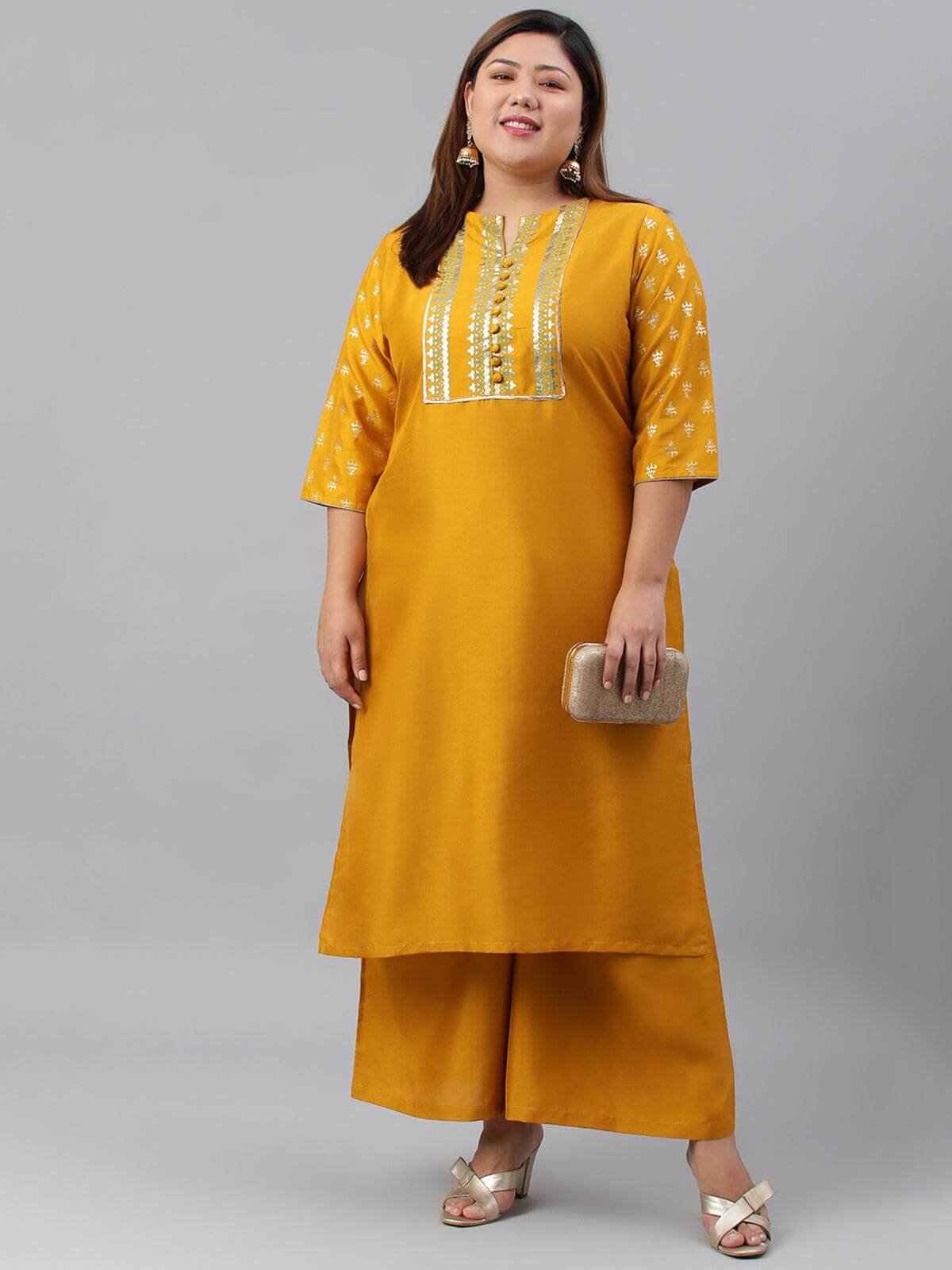 Plus Size Mustard Poly Silk Kurta With Palazzo and Dupatta