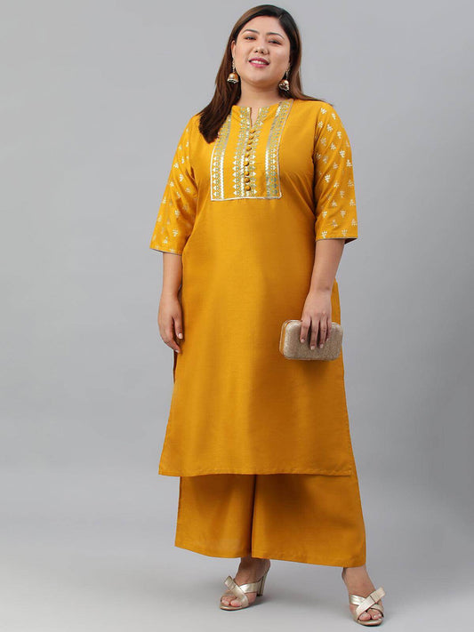 Plus Size Mustard Poly Silk Kurta With Palazzo and Dupatta