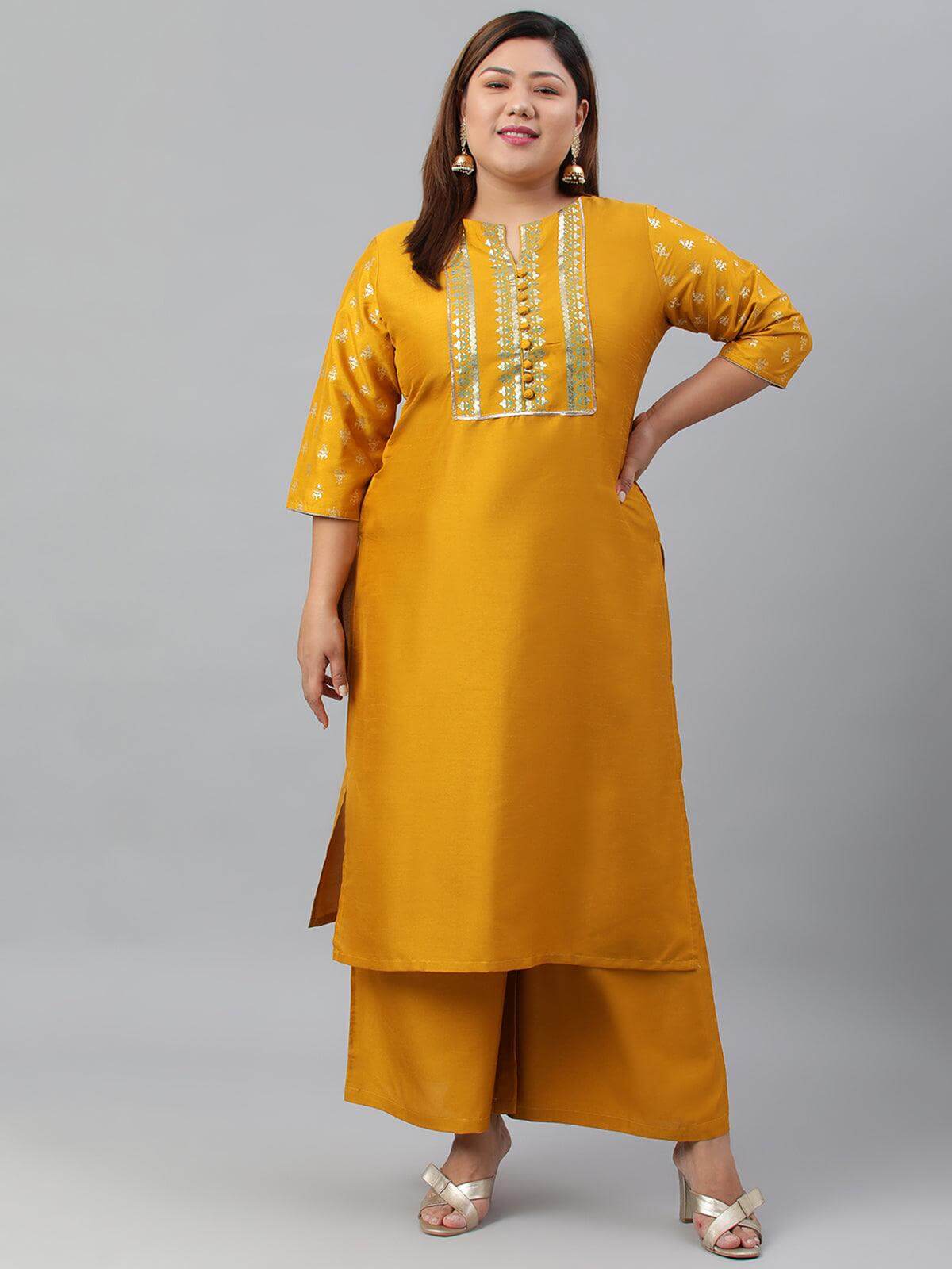 Plus Size Mustard Poly Silk Kurta With Palazzo and Dupatta