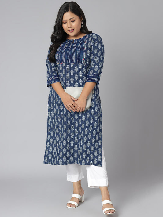 Plus Size Blue Cotton Block Print Straight Kurta