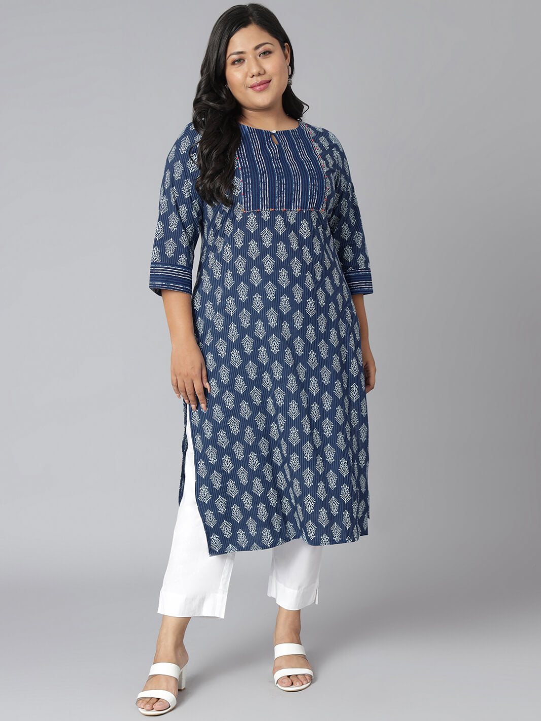 Plus Size Blue Cotton Block Print Straight Kurta