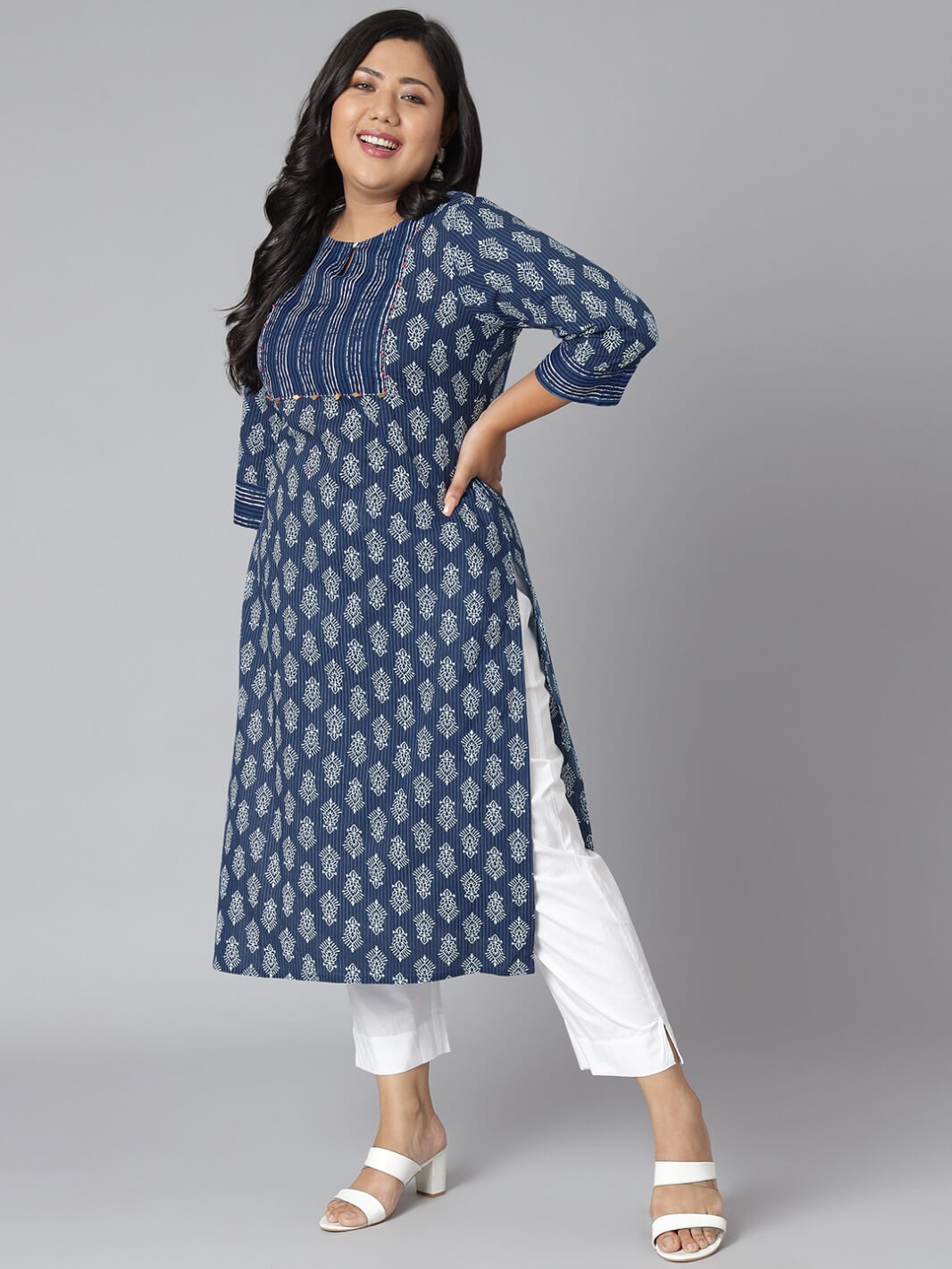 Plus Size Blue Cotton Block Print Straight Kurta