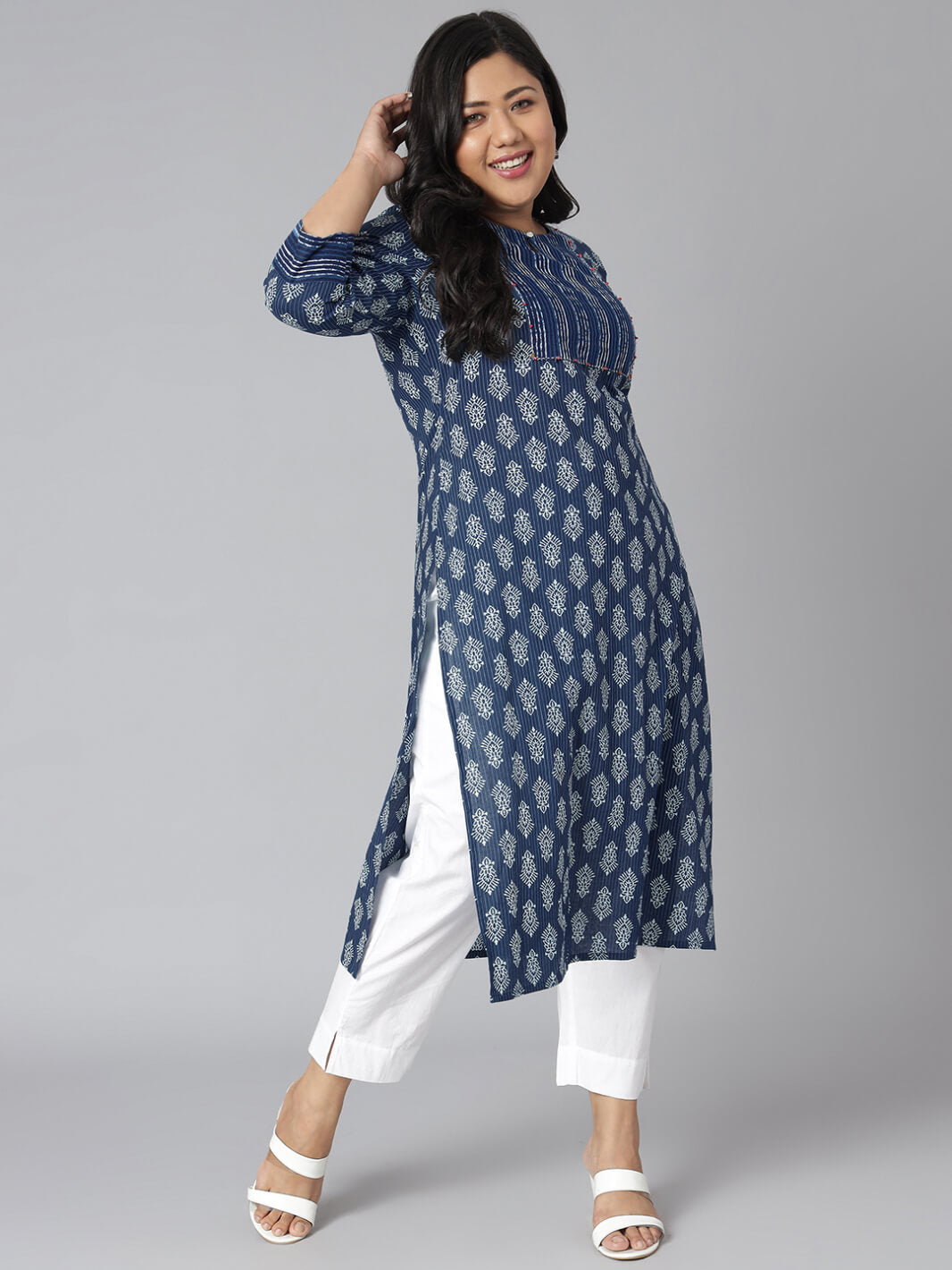 Plus Size Blue Cotton Block Print Straight Kurta