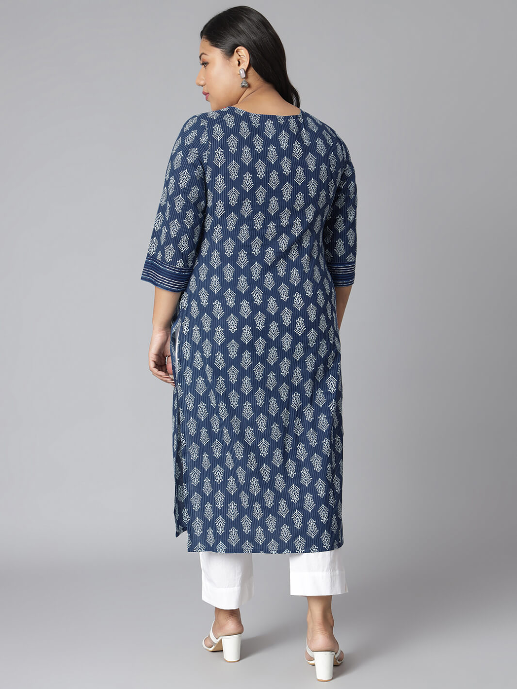 Plus Size Blue Cotton Block Print Straight Kurta