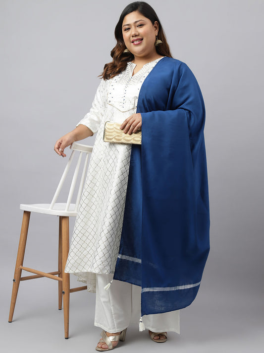 Women's Plus Size Off- White Poly Silk Kurta With Palazzo and Dupatta