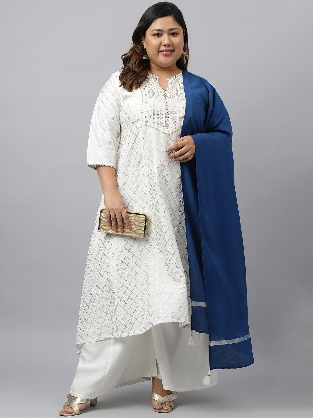 Women's Plus Size Off- White Poly Silk Kurta With Palazzo and Dupatta