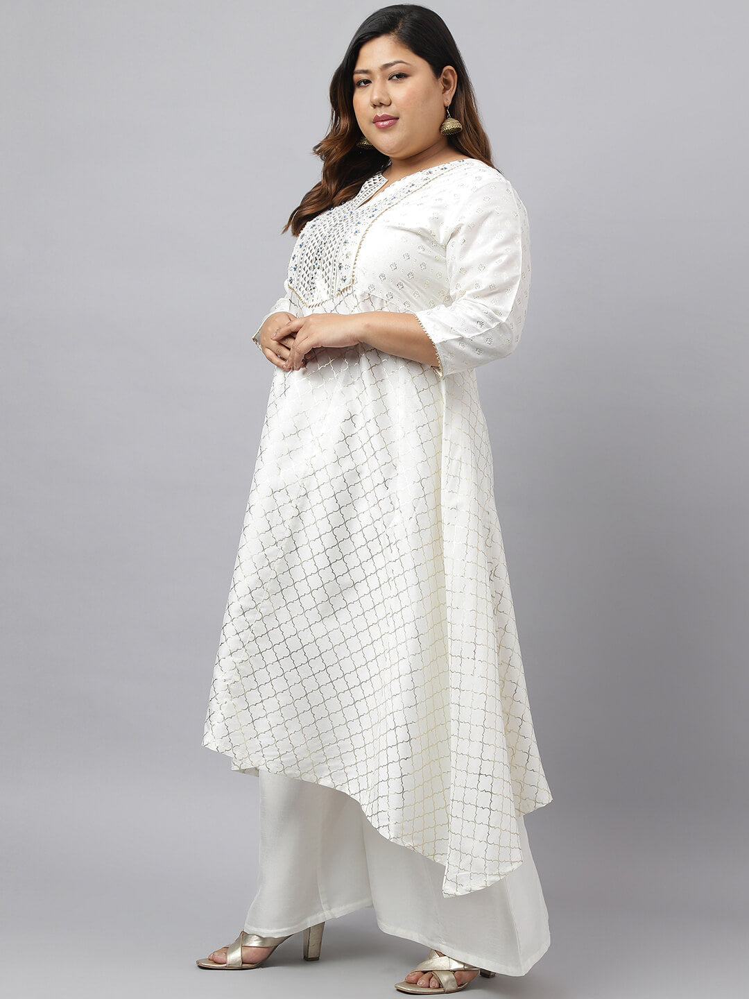 Women's Plus Size Off- White Poly Silk Kurta With Palazzo and Dupatta