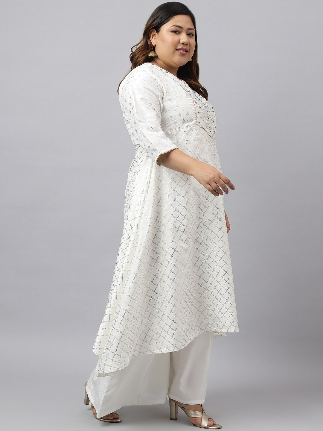 Women's Plus Size Off- White Poly Silk Kurta With Palazzo and Dupatta