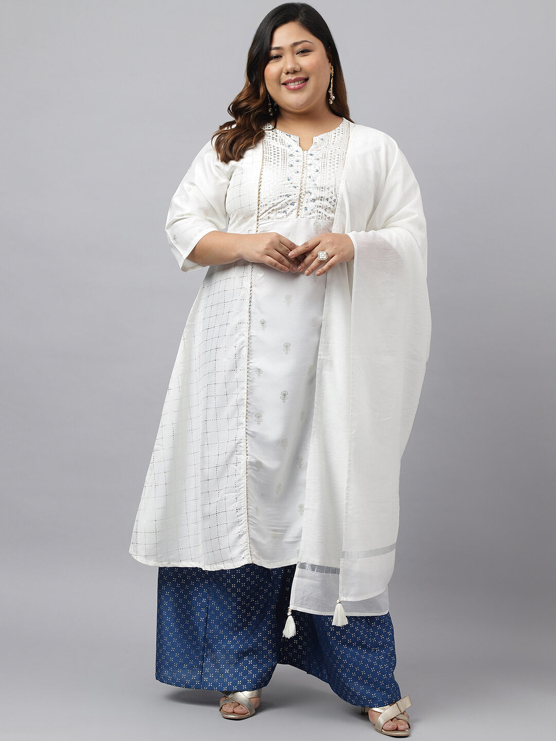 XL LOVE by Janasya Women's Plus Size Off White Poly Silk Kurta With Palazzo and Dupatta