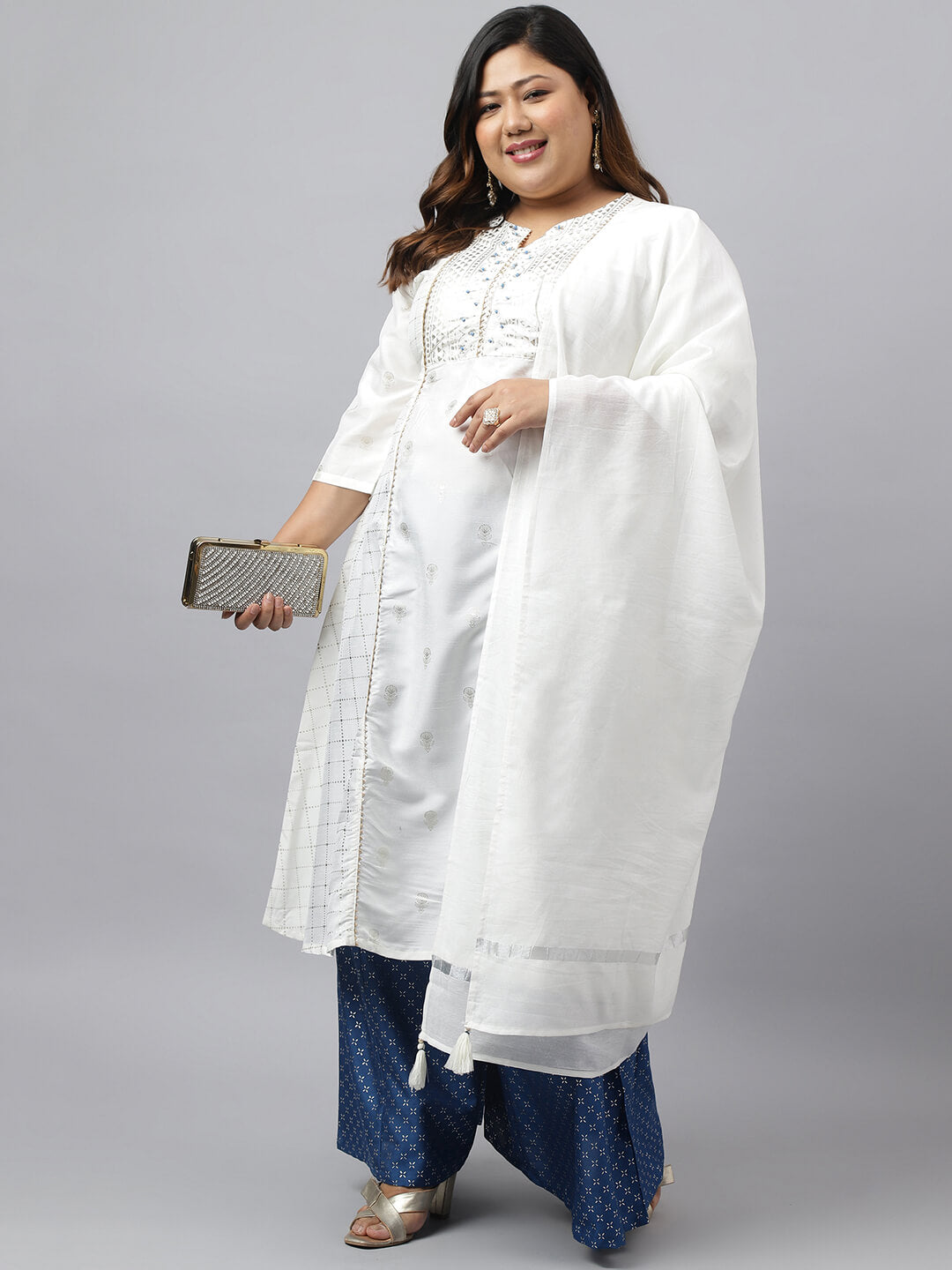 XL LOVE by Janasya Women's Plus Size Off White Poly Silk Kurta With Palazzo and Dupatta