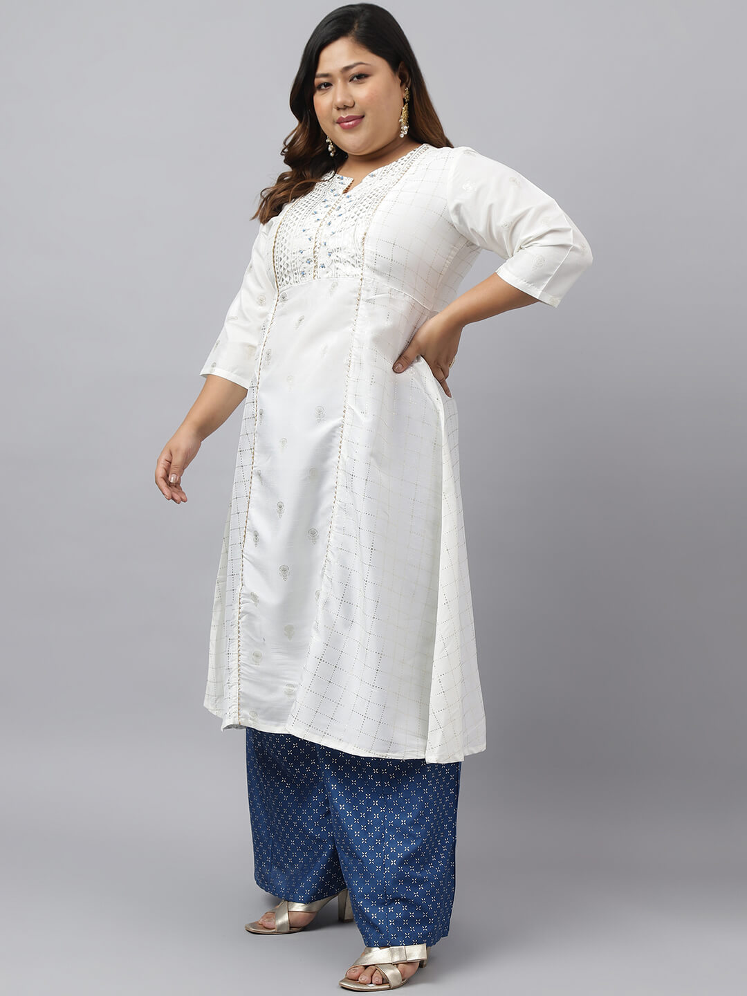 XL LOVE by Janasya Women's Plus Size Off White Poly Silk Kurta With Palazzo and Dupatta