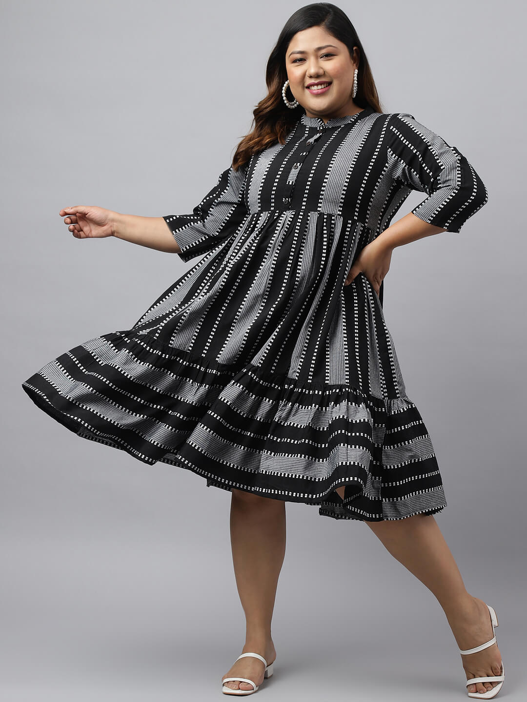 Women's Black Cotton Striped Flared Ethnic Dress