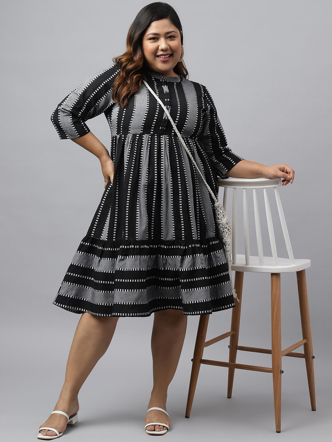 Women's Black Cotton Striped Flared Ethnic Dress