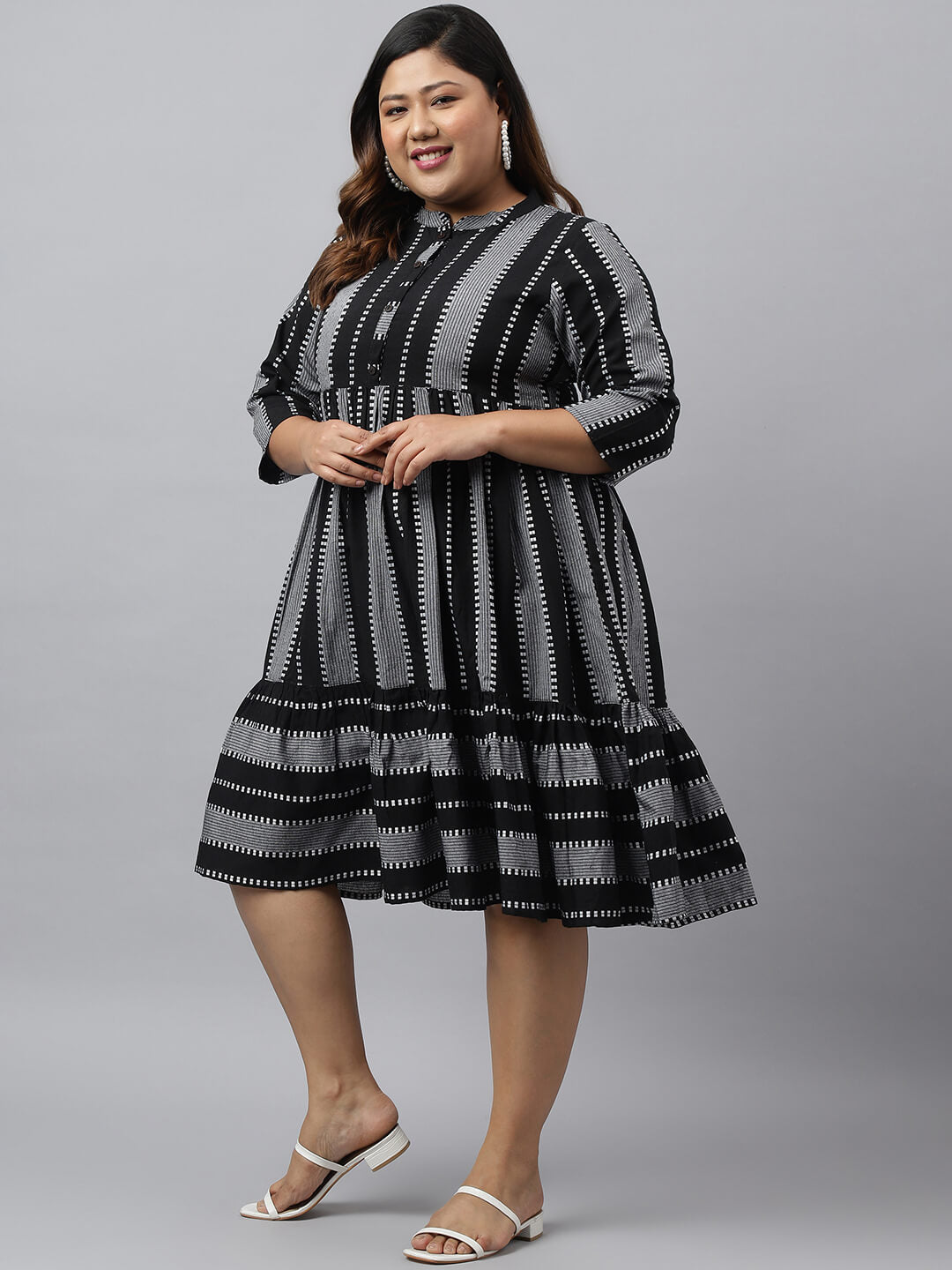 Women's Black Cotton Striped Flared Ethnic Dress