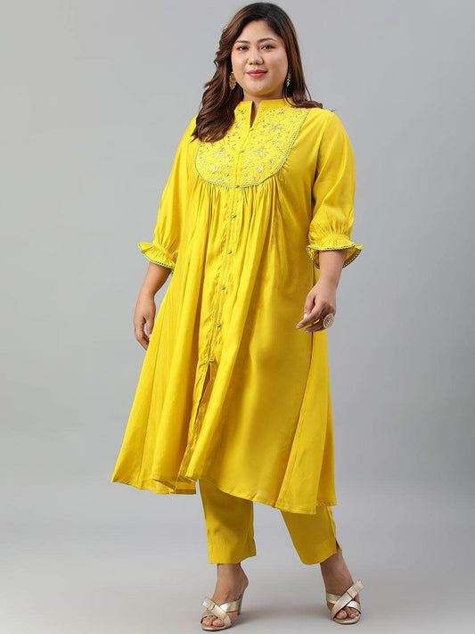 Plus Size Yellow Poly Silk Kurta With Pant