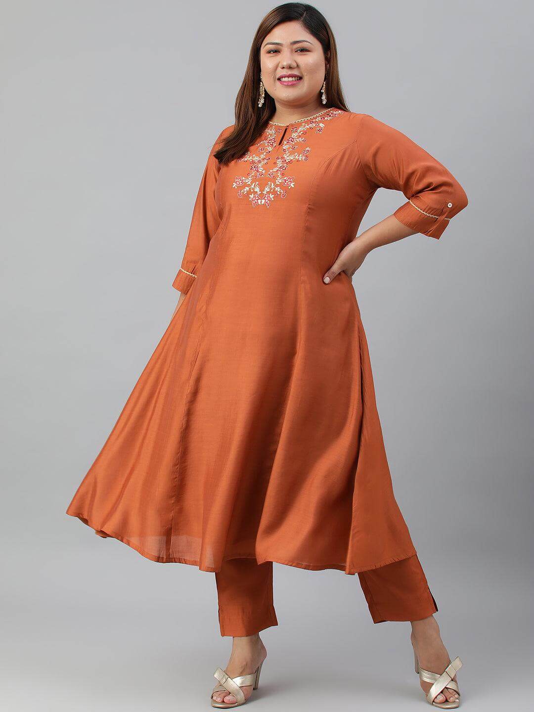 Plus Size Rust Orange Poly Silk Kurta With Pant