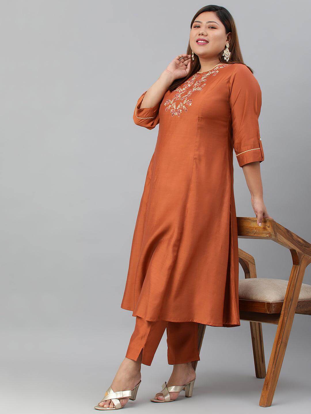 Plus Size Rust Orange Poly Silk Kurta With Pant