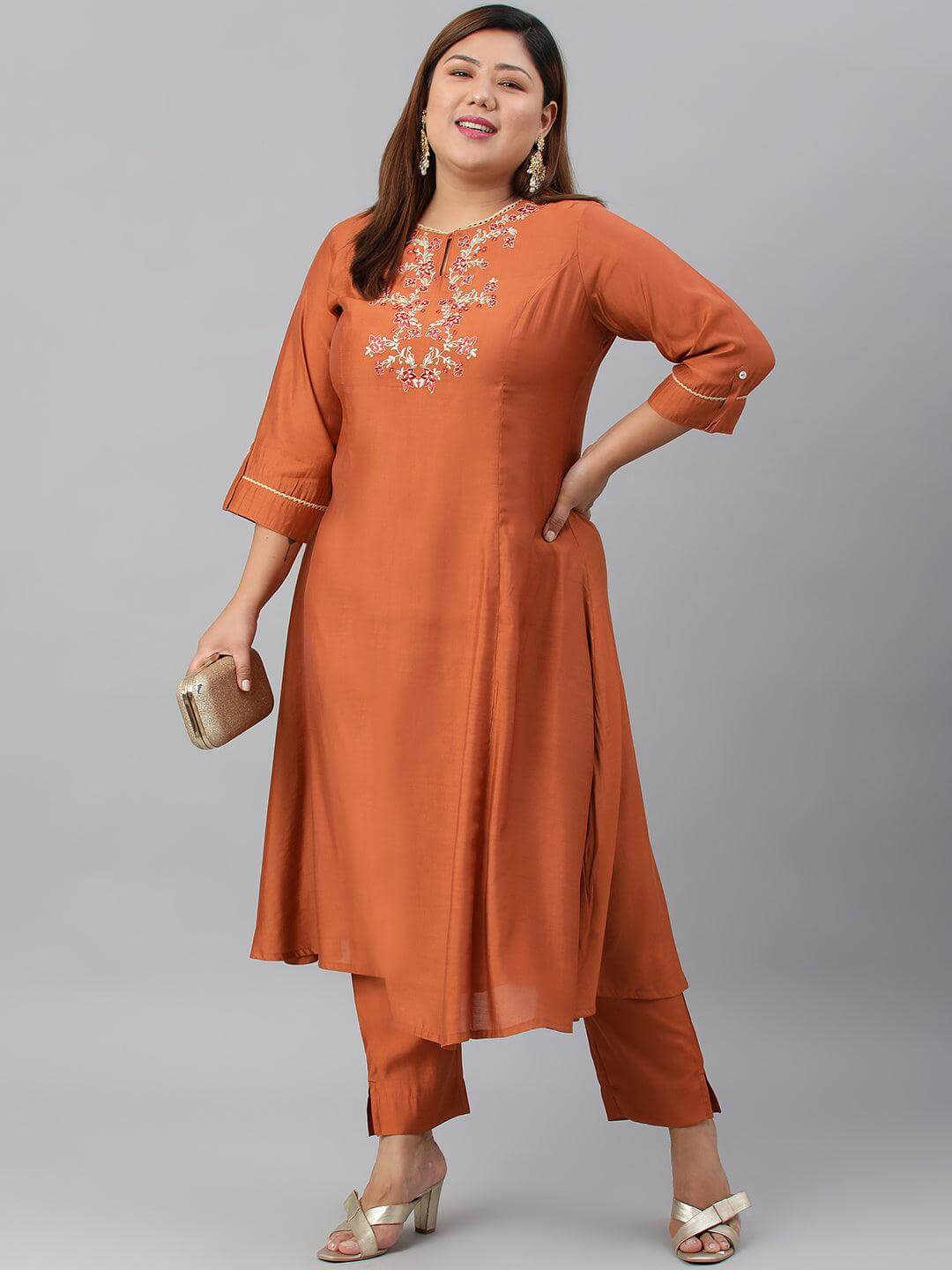 Plus Size Rust Orange Poly Silk Kurta With Pant