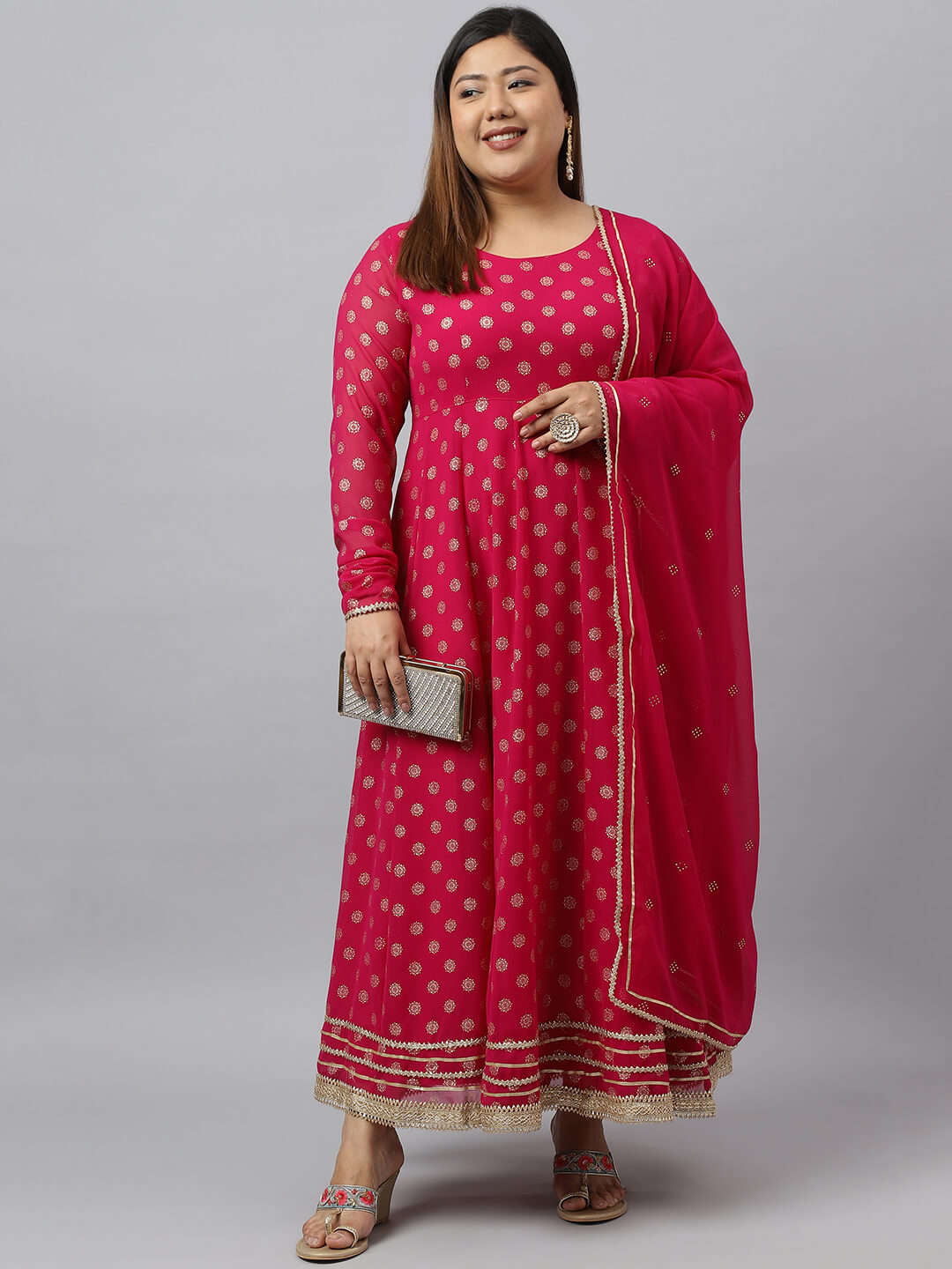 XL LOVE by Janasya Women's Bright Pink Georgette Foil Print Kurta with Dupatta