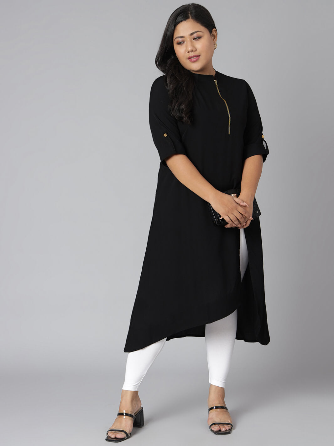 Plus Size Black Poly Crepe Solid High Low Kurta