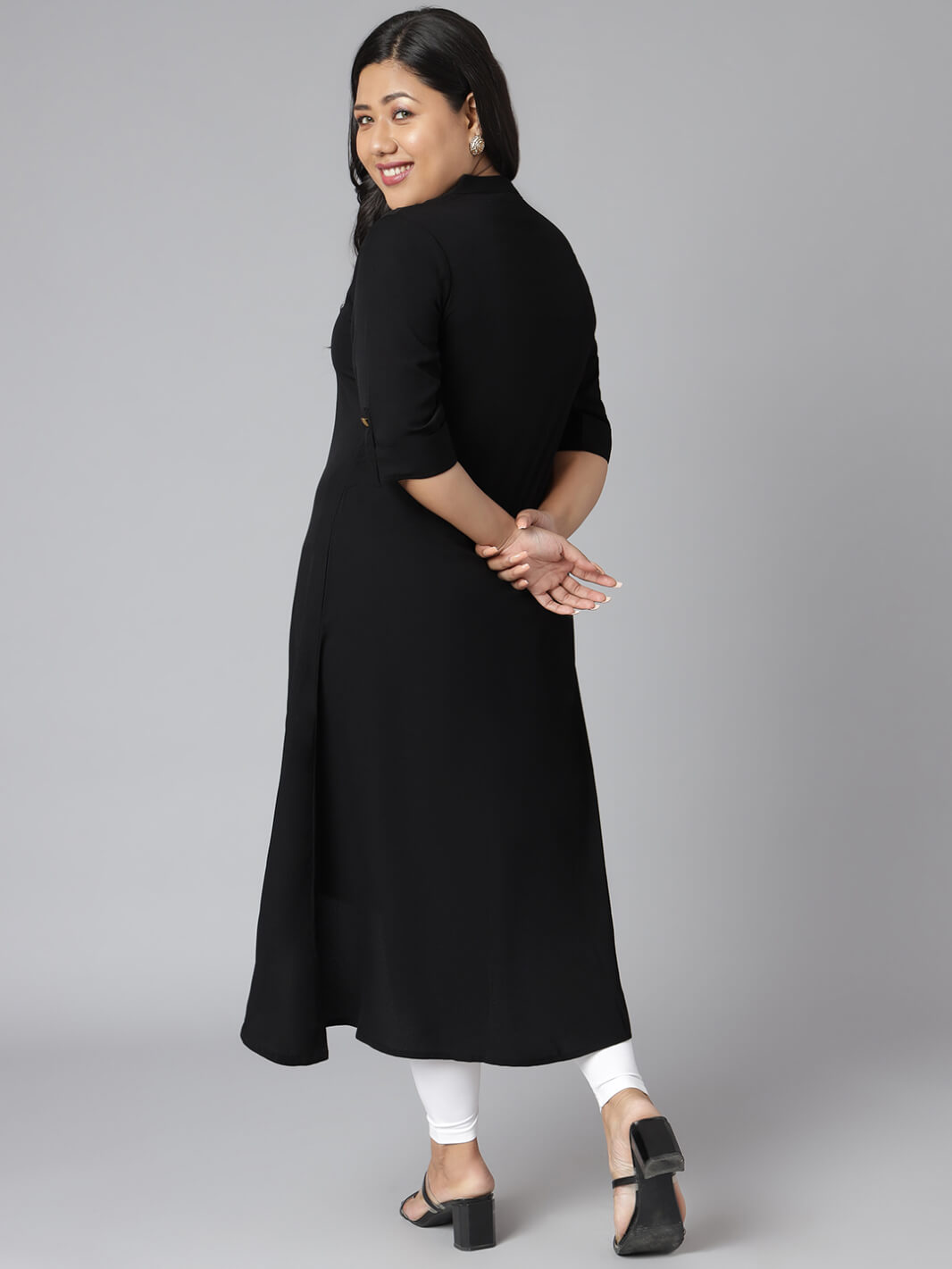 Plus Size Black Poly Crepe Solid High Low Kurta